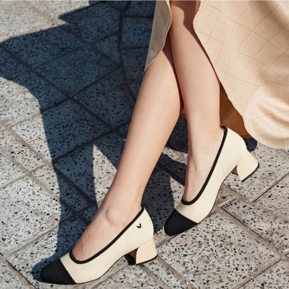 Vivaia Julie Arch Pro Cream and Black Two-Tone Low Block Heel Pumps